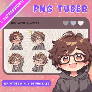 Brown Haired PNGTuber Boy with Glasses Model - Anime Chibi Twitch Stream Asset - 5 Expressions