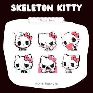 May include: A set of 6 digital stickers featuring a skeleton kitty with different expressions. The stickers are in a cartoon style and feature pink and black colours. The text "13 cuties" and "@ArtifexAura" are also included in the image.