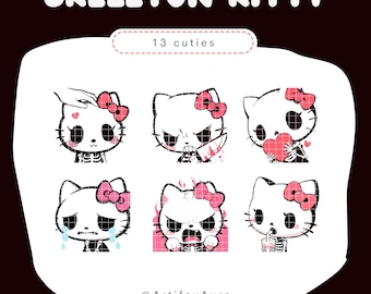 13 Twitch emotes cat set - Skeleton kitty decor; Stickers bundle, pack; Twitch, Discord, YouTube; Cute Kawaii Clipart; Gaming, Streaming;