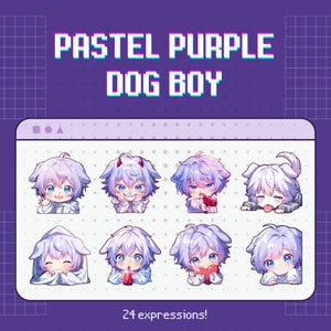 24 Twitch Emotes Hund Junge - Set, Bundle, Pack, Aufkleber, Discord, YouTube, Doggy, Cute, Kawaii, Chibi, Anime, Mann, männlich, Jungs, lila, blau