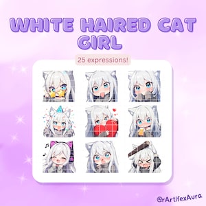 Conjunto de 25 garotas gatas de cabelos brancos com emoticons Twitch - pacote, pacote de adesivos; Contração muscular, discórdia; Clipart Kawaii, Fofo, Chibi, Anime; Jogos, Transmissão;