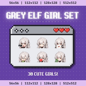 30 Twitch / Discord Emotes Elf Girl With Grey Hair - twitch stickers and badges, twitch emotes pack, twitch emotes anime