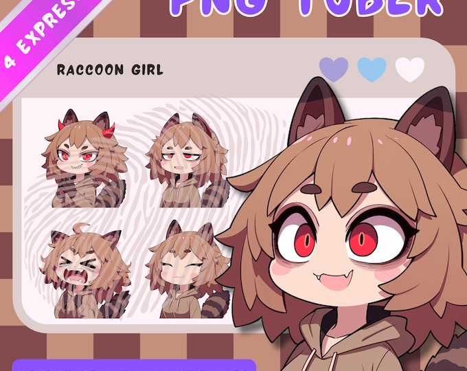 Chibi Raccoon Girl Pngtuber: Premade Anime Twitch Stream Asset - 4 ...