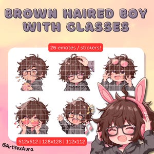 26 Twitch Emotes Junge mit Brille - Set, Bundle, Pack, Aufkleber, Discord, YouTube, Cute, Kawaii, Chibi, Anime, Mann, männlich, Kerl, schwarze Haare