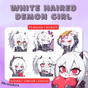 23 White Haired Devil Elf Girl Twitch emotes set - stickers bundle, pack; TikTok, Discord; Kawaii, Cute, Chibi, Anime; Gaming, Streaming;