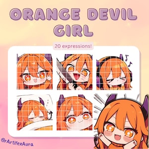 20 Twitch emote pack girl orange hair and devil horns - emote set, bundle, Twitch, Discord, YouTube, Gamer, Streamer, Kawaii Clipart, Chibi