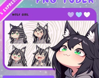 Black Haired Wolf Girl PNGTuber: Chibi Anime Vtuber Asset - 5 expressions