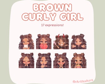 17 Twitch emotes brown girl set - stickers bundle, pack; Twitch, Discord, YouTube; Kawaii Clipart, Cute, Chibi, Anime; Gaming, Streaming