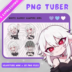 Könnte beinhalten: Digitales Kunstwerk eines weißhaarigen Vampirmädchens mit roten Augen, das fünf verschiedene Gesichtsausdrücke zeigt. Der Text "PNG TUBER" und "VEADOTUBE MINI + 20 PNG FILES" sind enthalten.