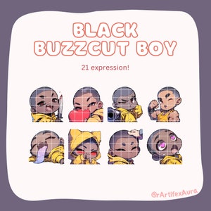 21 Twitch-Emote-Set „Schwarzer Kerl“ – Sticker-Bundle, Packung; Discord, YouTube; kawaii Clipart, niedlich, Chibi, Anime; Gaming, Streaming; Junge männlich