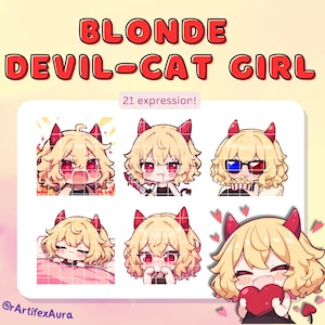 21 Twitch emote pack girl blonde hair and red devil cat horns - emote set, bundle, Twitch, Discord, Gamer, Streamer, Kawaii Clipart, Chibi