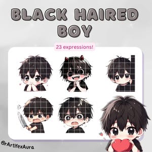 23 Twitch Emote Set Junge schwarze Haare - Bundle, Pack, Aufkleber, Discord, YouTube, Gamer, Streamer, süß, Kawaii, Chibi, Anime, Mann, männlich,kerl