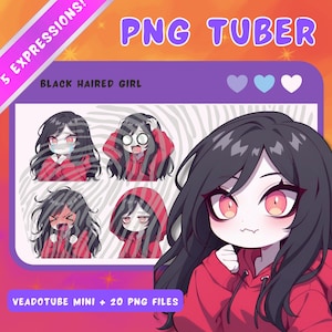 Black Haired PNGTuber Girl: Anime Chibi Vtuber Model - 5 expressions