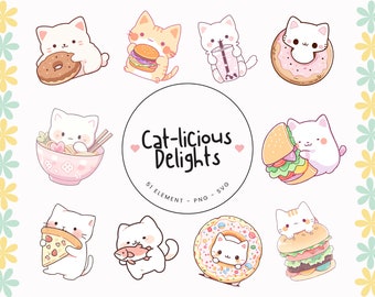 51 PNG SVG Kawaii Cat With Food Clipart Bundle - kawaii svg, kawaii png, clipart alimentaire, nourriture kawaii, desserts kawaii, émotes Twitch, badges