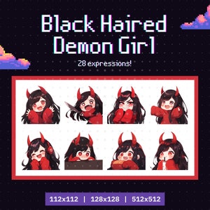 28 Twitch エモート 女の子 黒髪 悪魔の角 - エモート ステッカー セット、バンドル、パック、Twitch、Discord、YouTube、かわいいクリップアート、かわいい、ちび