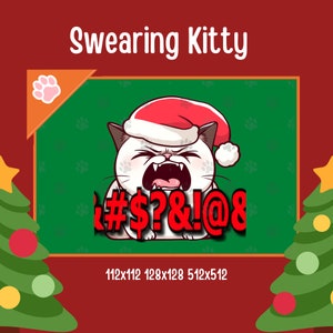 Könnte beinhalten: Eine weiße Katze mit einem roten Weihnachtsmann-Hut schreit mit offenem Mund. Die Katze sagt "#$?&!@8" in roten Buchstaben. Der Hintergrund ist grün.