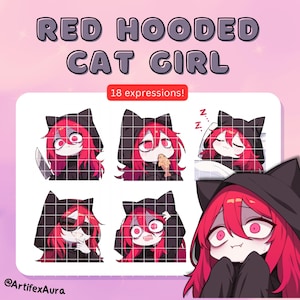 18 個の赤いフード付き猫ガール Twitch エモート セット - ステッカー バンドル、パック; TikTok、Discord; かわいいクリップアート、かわいい、ちび、アニメ; ゲーム、ストリーミング;