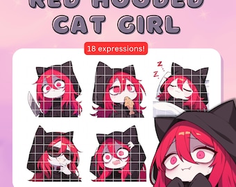 18 Red Hooded Cat Girl Twitch emotes set - stickers bundle, pack; TikTok, Discord; Kawaii Clipart, Cute, Chibi, Anime; Gaming, Streaming;