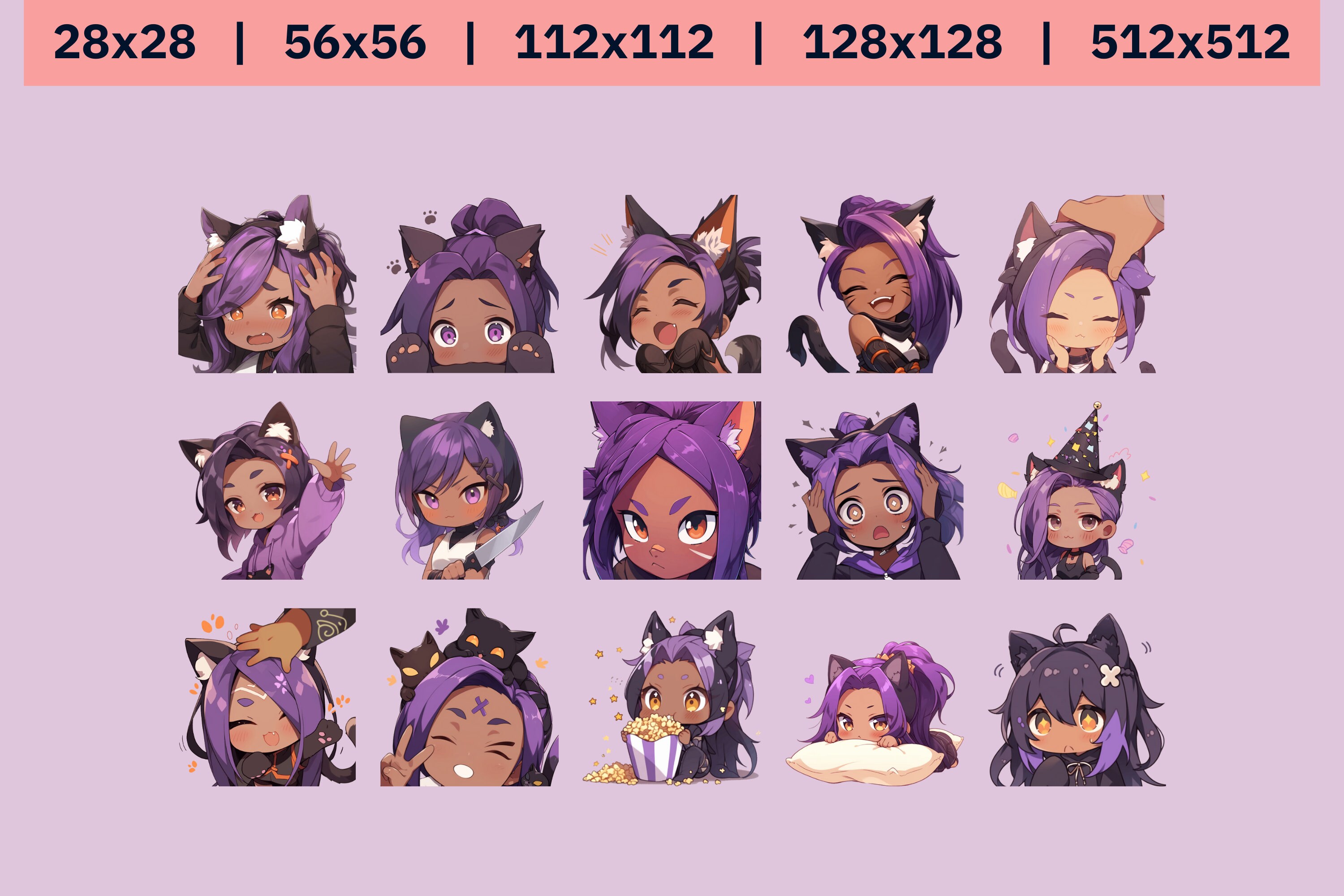 44 Twitch / Discord Emotes Cute Black Girl Purple Hair Twitch Emotes