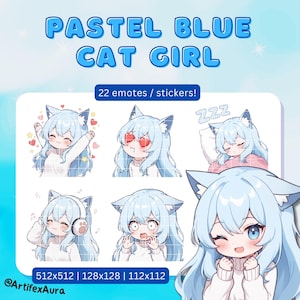 Pastellblaue Katzenmädchen-Twitch-/Discord-Emotes/Sticker (22er-Pack) (Digitaler Download)