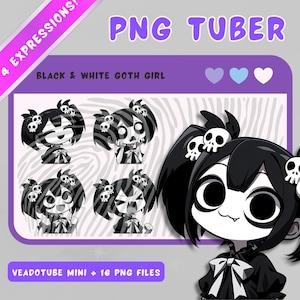 Goth Girl PNGTuber Model: Black Haired Chibi Vtuber - 5 Expressions image 1