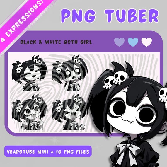 Goth Girl PNGTuber Model: Black Haired Chibi Vtuber - 5 Expressions