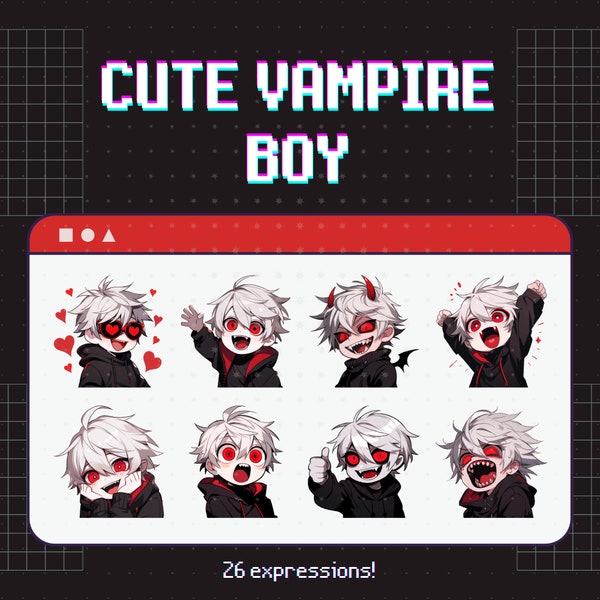 26 Twitch Emotes Vampir Junge - Set, Bundle, Pack, Stickers, Discord, YouTube, Gamer, Streamer, Cute, Kawaii, Chibi, Anime, man, male,kerl