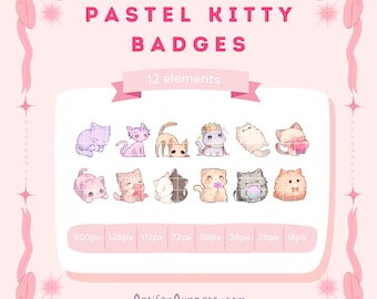Conjunto de 12 insignias de gatos chibi kawaii, paquete de suscripción a Twitch, paquete de insignias de bits y emoticonos, iconos de puntos de canal, roles de Discord para expulsar a YouTube en transmisiones