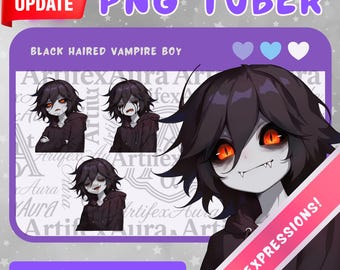 Black Haired PNGTuber Vampire Boy Model - Anime Chibi Twitch / Discord Stream Asset - 3 Expressions