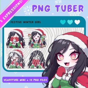 Puede incluir: Ilustración digital de una chica de invierno festiva con cabello negro, usando un gorro de Papá Noel y mitones rojos. La imagen incluye cinco expresiones diferentes y el texto "PNG TUBER" y "Festive Winter Girl."