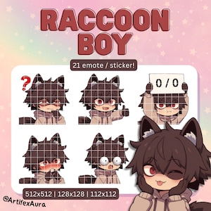 Puede incluir: Gráfico de arte digital con un personaje con temática de mapache que muestra diversas expresiones. La imagen incluye el texto "RACCOON BOY" y "21 emote / sticker!" junto con las dimensiones. El personaje lleva una sudadera con capucha.
