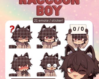 Brown Haired Chibi Raccoon Boy Twitch Emotes / Stickers (21 Pack) (Digital Download)