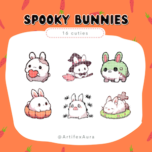 Op de afbeelding: Een set van 16 griezelige konijnen stickers met verschillende Halloween-thema's. De stickers bevatten een konijn dat een hart vasthoudt, een konijn dat verkleed is als heks, een zombiekonijn, een konijn in een pompoen, een konijn met spinnen en een konijn dat slaapt naast een grafsteen. De stickers zijn perfect om een ​​beetje Halloween-plezier toe te voegen aan je planner, laptop of waterfles.