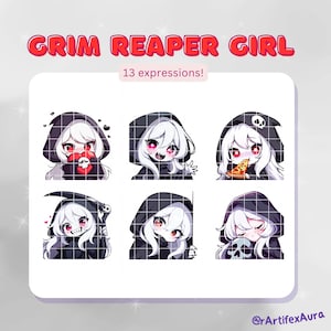 13 Twitch エモート 女の子 死神 セット 1 - ステッカー バンドル、パック; Twitch、Discord; かわいいクリップアート、かわいい、ちび、アニメ; ゲーム、ストリーミング;