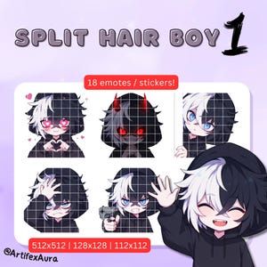 May include: A sheet of stickers featuring a split-hair boy character in various poses. The character has black and white hair and is wearing a black hoodie. The stickers include the text "SPLIT HAIR BOY 1" and "18 emotes / stickers!"