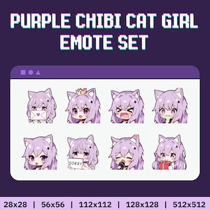 35 Twitch / Discord Emotes menina cabelo roxo - emotes de menina gato, emotes kawaii, emotes de twitch gato, pacote de emotes de twitch, emotes de twitch anime