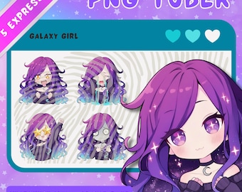 Peut inclure: Illustration numérique d'un PNG Tuber Galaxy Girl avec cinq expressions différentes. Le personnage a des cheveux et des yeux violets et porte un haut noir. Le texte "PNG Tuber" et "VEADOTUBE MINI + 16 PNG FILES" est inclus.