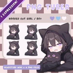 黒髪の PNGTuber 猫娘 / 少年 - アニメ、ちび、かわいい、Twitch ストリーム アセット、PNGTuber モデル、Vtuber、ストリーミング、Veadomini、Veadotube