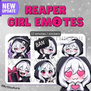 Puede incluir: Un conjunto de emotes y pegatinas de Reaper Girl. La imagen presenta varias ilustraciones de estilo anime de un personaje con una capa con capucha negra. Los emotes incluyen el texto "BAN" en un martillo, un regalo y corazones en los ojos. También incluye el texto "NEW UPDATE".