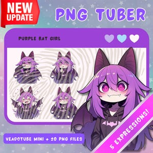 Purple Haired PNGTuber Bat Girl: Chibi Anime Vtuber Asset - 5 expressions