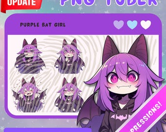 Chica murciélago PNGTuber de pelo morado: Recurso de Vtuber de anime chibi - 5 expresiones