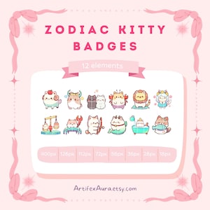 Puede incluir: Un conjunto de 12 insignias digitales coloridas con lindos gatos de dibujos animados que representan cada signo del zod&iacute;aco. Las insignias est&aacute;n disponibles en 10 tama&ntilde;os diferentes, que van desde 18 p&iacute;xeles hasta 400 p&iacute;xeles. El texto "ZODIAC KITTY BADGES" y "12 elementos" se muestra en la parte superior de la imagen. La direcci&oacute;n del sitio web "ArtifexAura.etsy.com" se muestra en la parte inferior de la imagen.