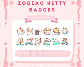 12 Kawaii Zodiac Cat Badge Set, Cute Twitch Sub Pack, Bit Badge & Emote Bundle, Channel Points Icons, Stream YouTube Kick Discord Roles