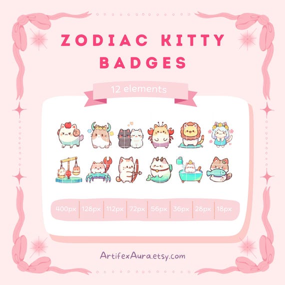 12 Kawaii Zodiac Cat Badge Set, Cute Twitch Sub Pack, Bit Badge & Emote Bundle, Channel Points Icons, Stream YouTube Kick Discord Roles