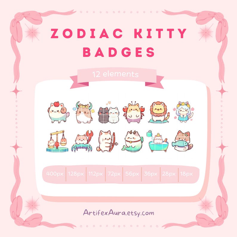 Puede incluir: Un conjunto de 12 insignias digitales coloridas con lindos gatos de dibujos animados que representan cada signo del zod&iacute;aco. Las insignias est&aacute;n disponibles en 10 tama&ntilde;os diferentes, que van desde 18 p&iacute;xeles hasta 400 p&iacute;xeles. El texto "ZODIAC KITTY BADGES" y "12 elementos" se muestra en la parte superior de la imagen. La direcci&oacute;n del sitio web "ArtifexAura.etsy.com" se muestra en la parte inferior de la imagen.