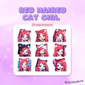 24 Twitch emotes red haired cat girl set - stickers bundle, pack; Twitch, Discord; Kawaii Clipart, Cute, Chibi, Anime; Gaming, Streaming;