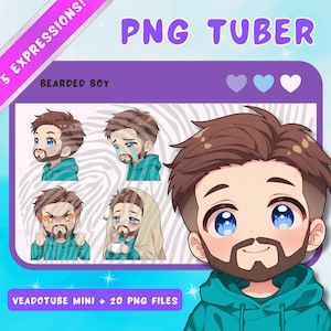 May include: Digital art featuring a cartoon bearded boy with five different facial expressions. The boy has brown hair, a beard, and is wearing a teal hoodie. Text includes "PNG TUBER", "5 EXPRESSIONS!", and "VEADOTUBE MINI + 20 PNG FILES".
