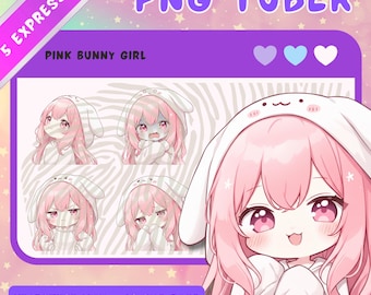 Pink Haired PNGTuber Bunny Girl: Chibi Anime Vtuber Asset - 5 expressions