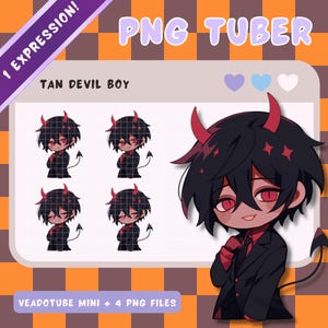 May include: Digital art of a tan devil boy with red eyes, horns, and a tail. The image includes multiple poses and the text "PNG TUBER" and "VEADOTUBE MINI + 4 PNG FILES". The background is a checkered pattern.
