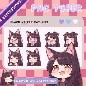 黒髪の PNGTuber 猫娘 - アニメ、ちび、かわいい、既製の Twitch ストリーム アセット、PNGTuber モデル、Vtuber、ストリーミング、Veadomini、Veadotube